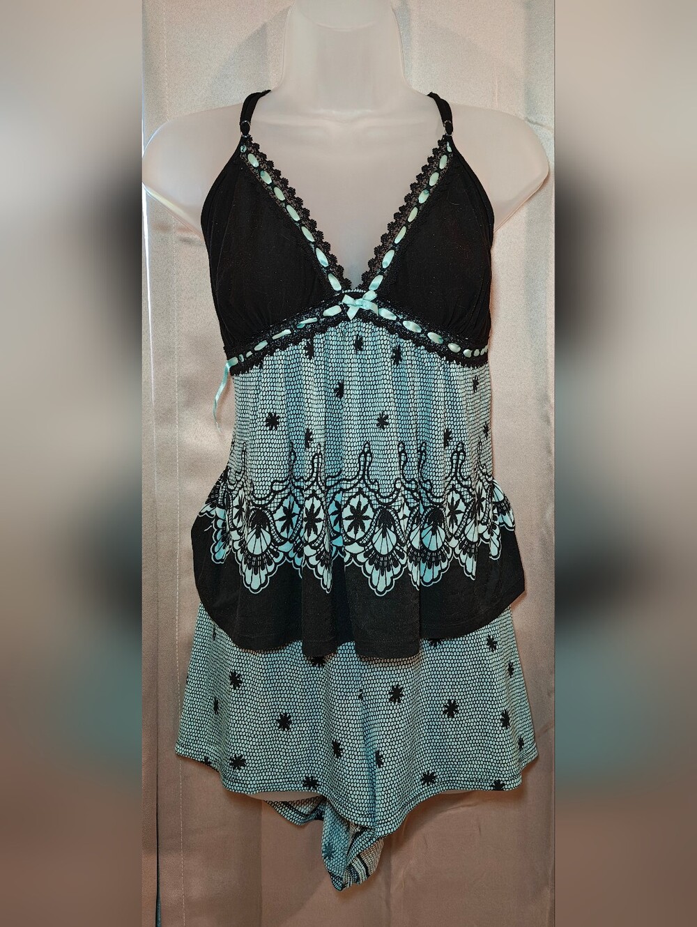 🩵🖤Vintage Studio Donatella Mint & Black Lace Coquette Cami Lingerie Set 🩵🖤